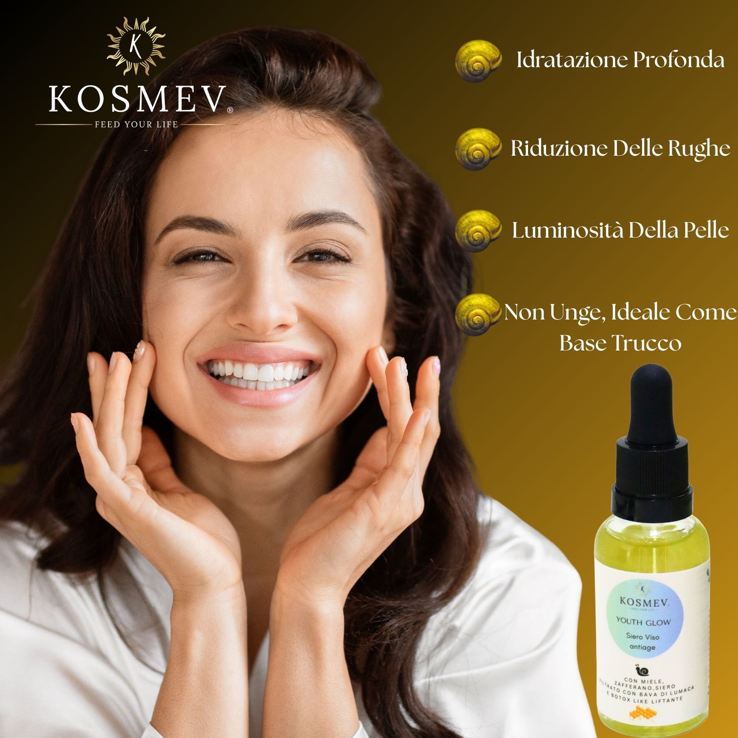 KOSMEV Siero Viso Anti-Età con Bava di Lumaca e Acido Ialuronico YOUTH GLOW Bio