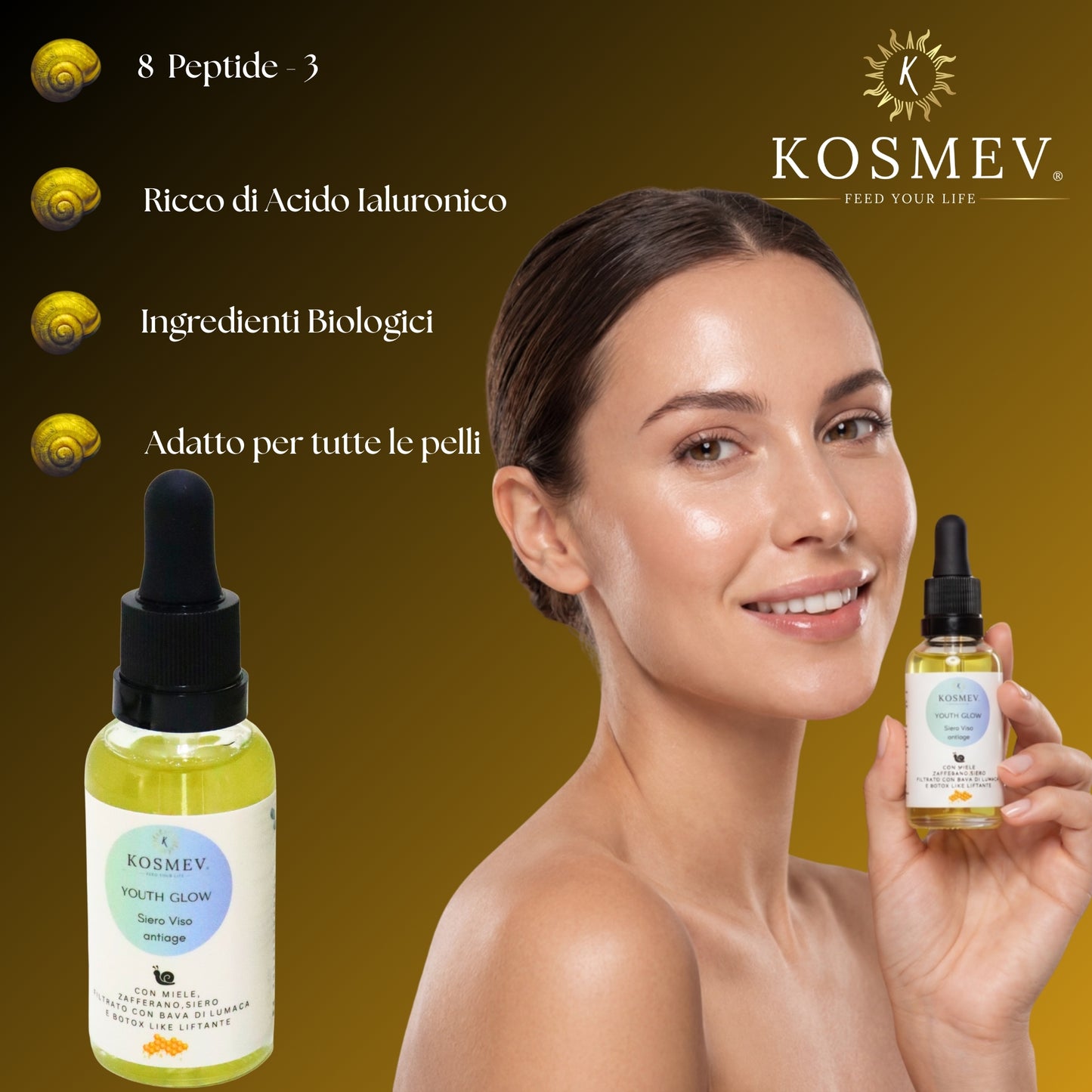KOSMEV Siero Viso Anti-Età con Bava di Lumaca e Acido Ialuronico YOUTH GLOW Bio