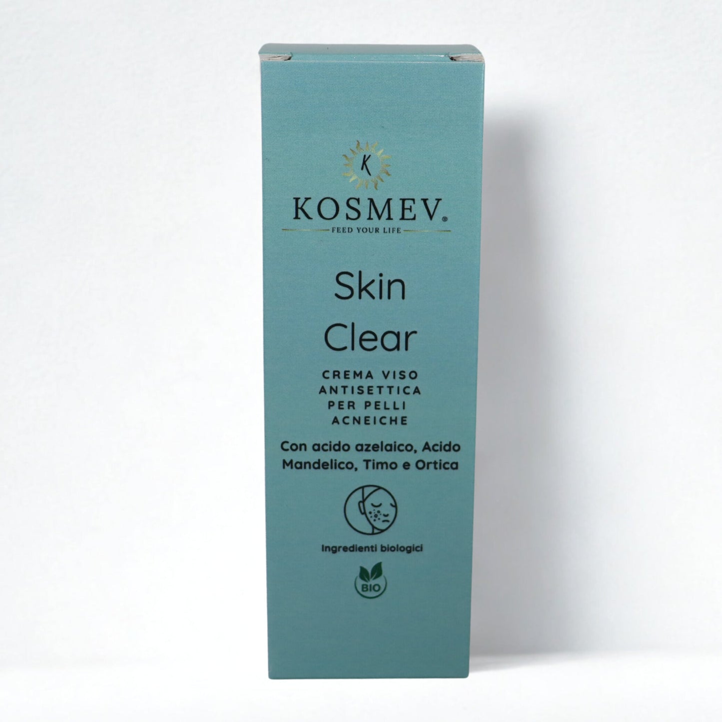 Skin Clear KOSMEV FEED YOUR LIFE® Crema Viso Antisettica per Pelli Acneiche con Acido Azelaico, Mandelico ,Timo e Ortica Bio 50ml.