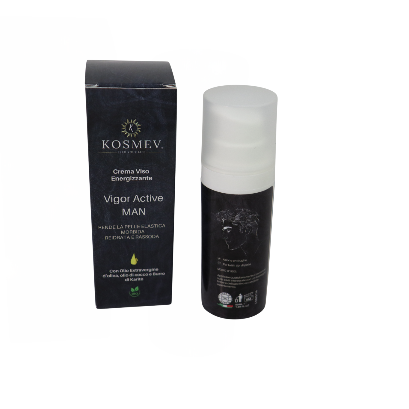 Vigor Active Man KOSMEV FEED YOUR LIFE® Crema Viso Energizzante  con Olio Extravergine d' Oliva, Olio di Cocco e Burro di Karitè 50ml